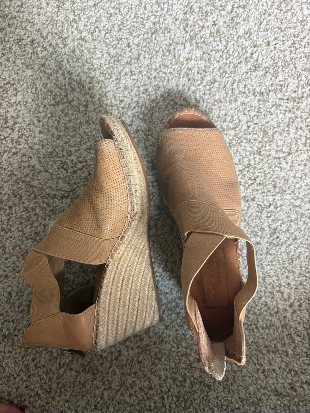 gentle souls Tan Espadrille Wedge Peep-Toe Sandals with Crisscross Straps